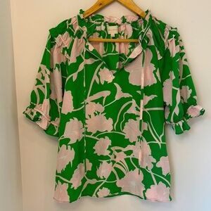 MELLODAY Womens Green Pink Floral Flowy Ruffle Sleeve Blouse Shirt Spring SMALL